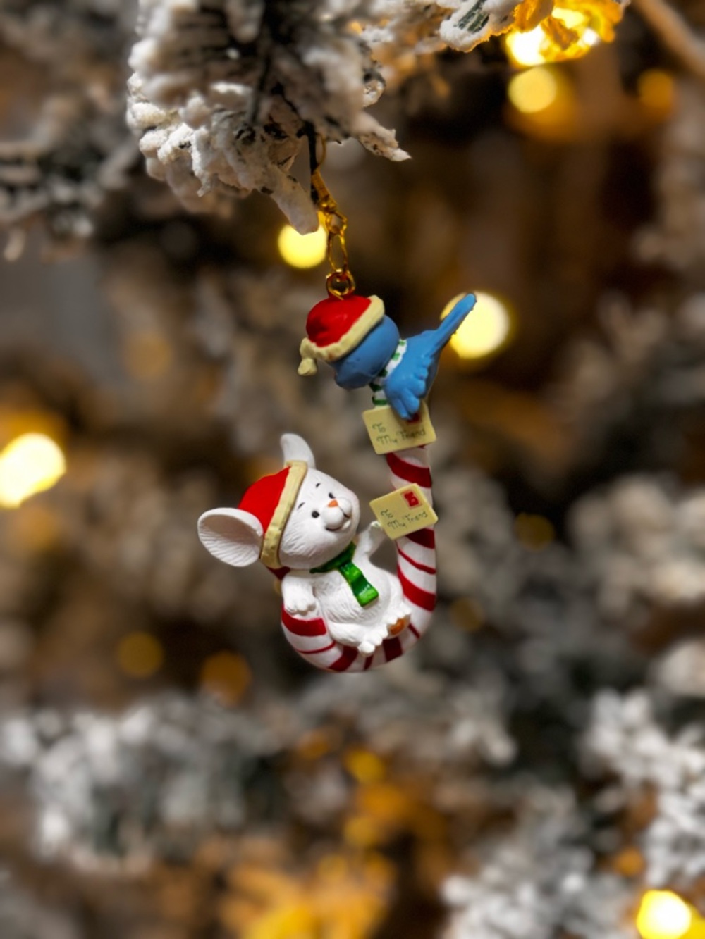 Holiday Mouse and Bird Christmas Ornament - Festive Red and Blue